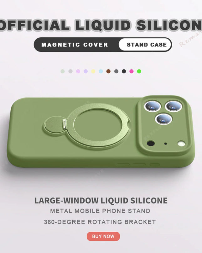 360 Magnetic Stand Liquid Silicone Phone Case For iPhone 17 Air 13 14 15 16 Pro Max Plus Magsafe Charge Holder Protector Cover