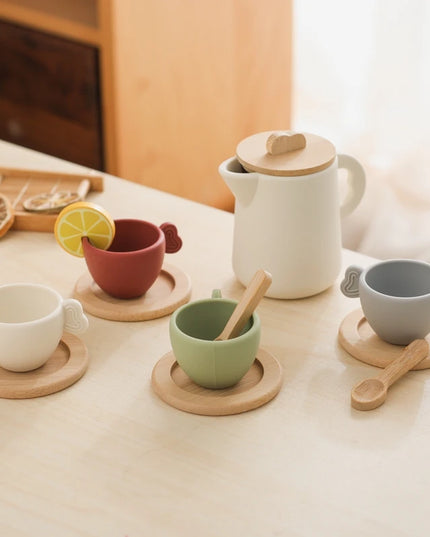Wooden Montessori Toys Toddler Pretend Play Tea Party Set Silicone Teapot Cups Wood Tray Scoop Toys for Kids Birthday Gift