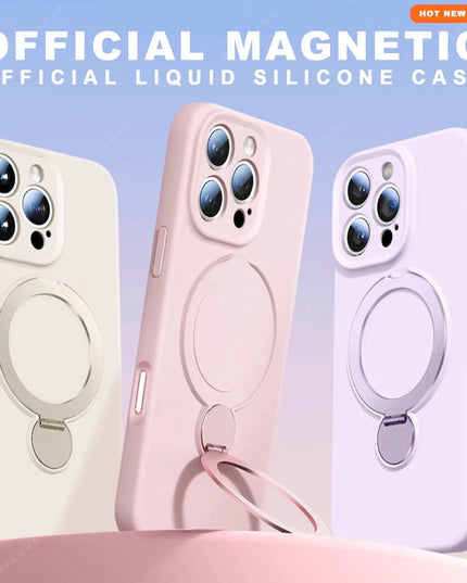360 Magnetic Stand Liquid Silicone Phone Case For iPhone 17 Air 13 14 15 16 Pro Max Plus Magsafe Charge Holder Protector Cover