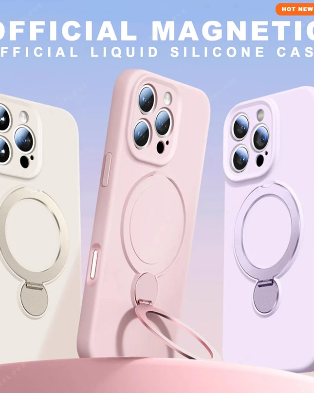360 Magnetic Stand Liquid Silicone Phone Case For iPhone 17 Air 13 14 15 16 Pro Max Plus Magsafe Charge Holder Protector Cover