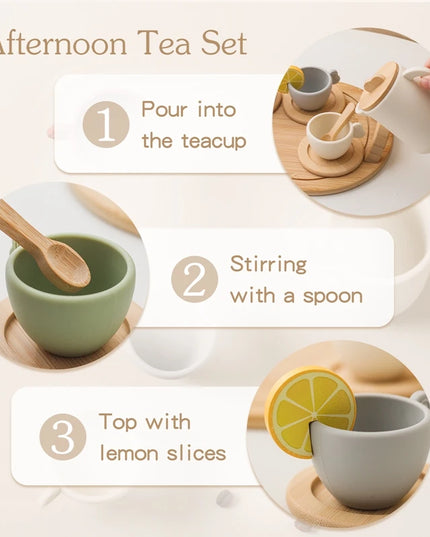 Wooden Montessori Toys Toddler Pretend Play Tea Party Set Silicone Teapot Cups Wood Tray Scoop Toys for Kids Birthday Gift