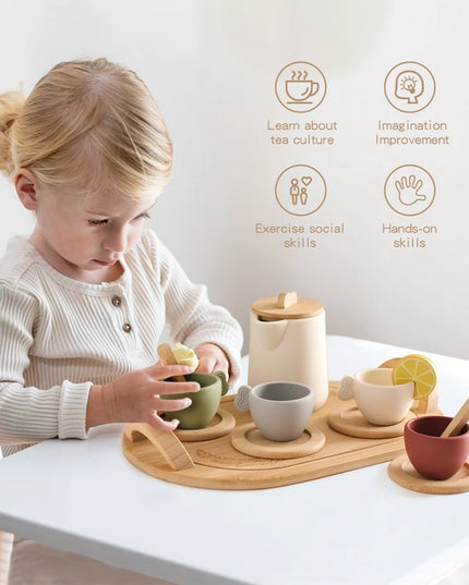 Wooden Montessori Toys Toddler Pretend Play Tea Party Set Silicone Teapot Cups Wood Tray Scoop Toys for Kids Birthday Gift