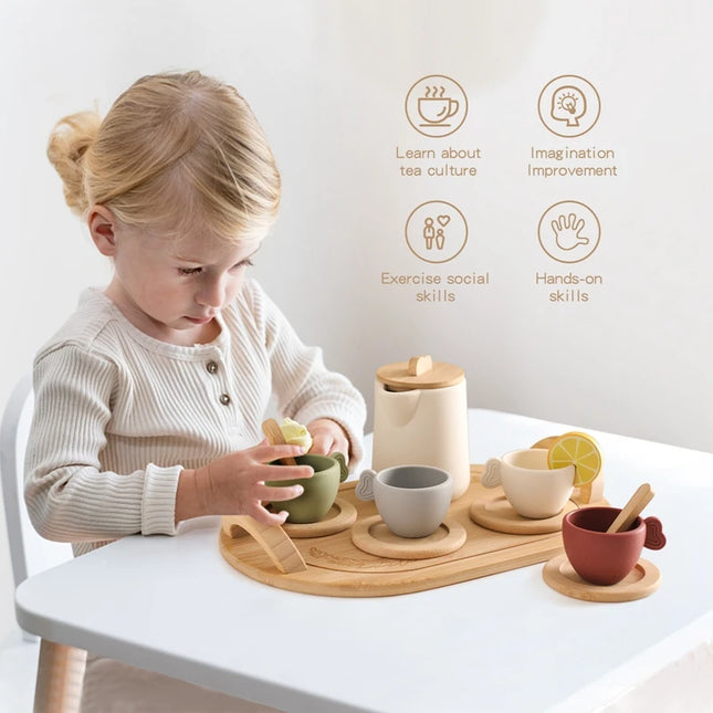 Wooden Montessori Toys Toddler Pretend Play Tea Party Set Silicone Teapot Cups Wood Tray Scoop Toys for Kids Birthday Gift