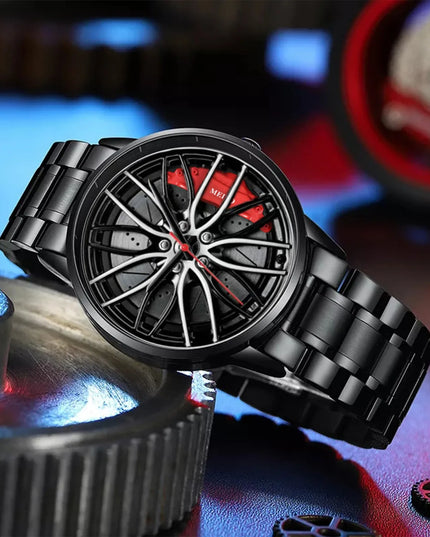 Car Watches For Men Waterproof Stainless Steel Quartz Wrist Watch Sports Men's Watches With Car Wheel Rim Hub Design