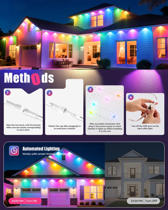 LED Permanent Outdoor Lights IP65 Waterproof RGBIC Eave Lights With Remote for Christmas New Year Roof DIY Holiday String Light