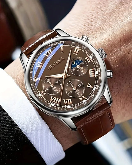 GENEVA High Quality Men's Luxury Belt Fashion Quartz Watch Men Round Business Student Sport Waterproof Glow Clock