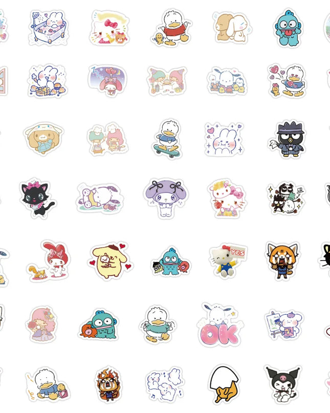 100Pcs Sanrio Kawaii Cartoon Hello Kitty Cinnamoroll Stickers My Melody Kuromi Suitcase Laptop DIY Cute Sticker Decal