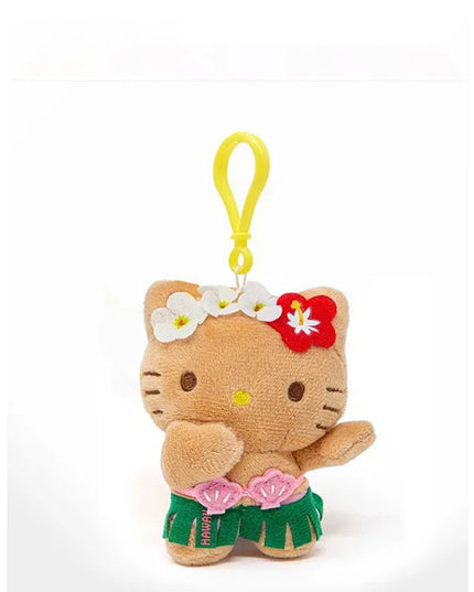 Hot Anime Hello Kitty Kuromi Dolls Filled Keychain Dark Skin Hawaiian Series Cartoon Accessory Toys Bag Pendant Charms