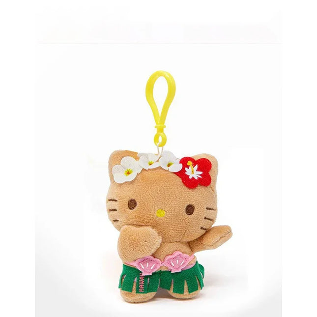 Hot Anime Hello Kitty Kuromi Dolls Filled Keychain Dark Skin Hawaiian Series Cartoon Accessory Toys Bag Pendant Charms