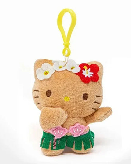 Hot Anime Hello Kitty Kuromi Dolls Filled Keychain Dark Skin Hawaiian Series Cartoon Accessory Toys Bag Pendant Charms