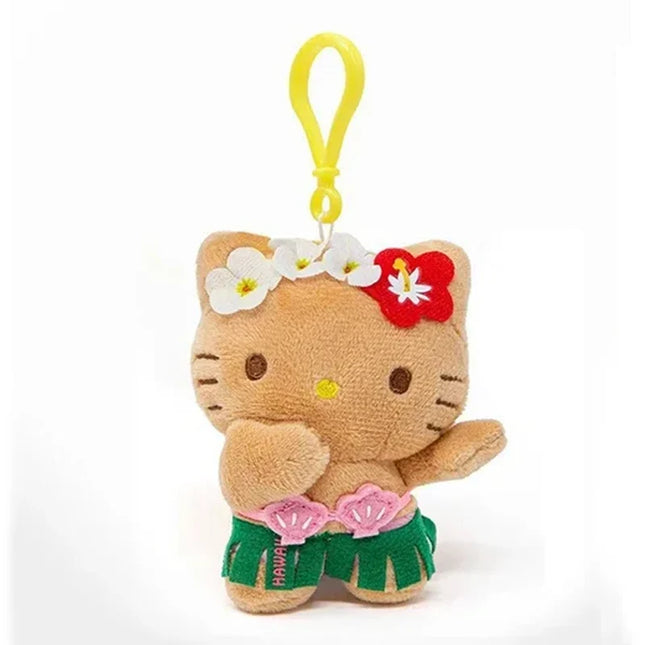 Hot Anime Hello Kitty Kuromi Dolls Filled Keychain Dark Skin Hawaiian Series Cartoon Accessory Toys Bag Pendant Charms