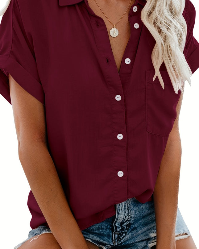 [Casual Shirt] Casual Summer Women's Short Sleeve V-Neck Button-Up Shirt with Pockets - Light Gray | Vacation Clothing, Glossy Texture