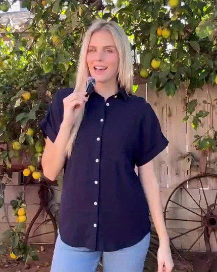 [Casual Shirt] Casual Summer Women's Short Sleeve V-Neck Button-Up Shirt with Pockets - Light Gray | Vacation Clothing, Glossy Texture